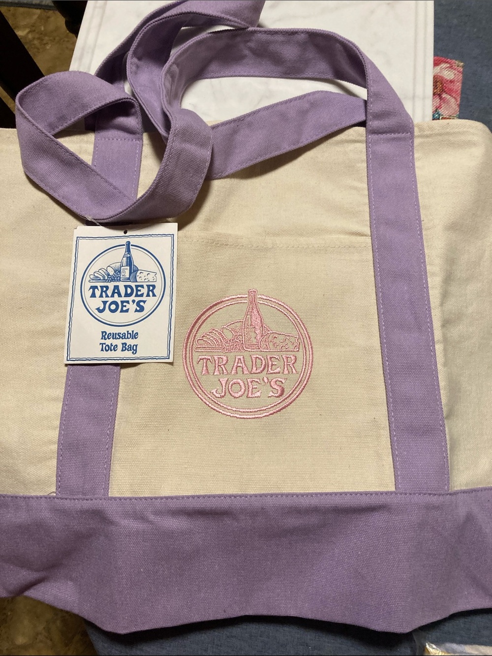 Trader Joe's Cream Canvas Tote with Lavender Trim